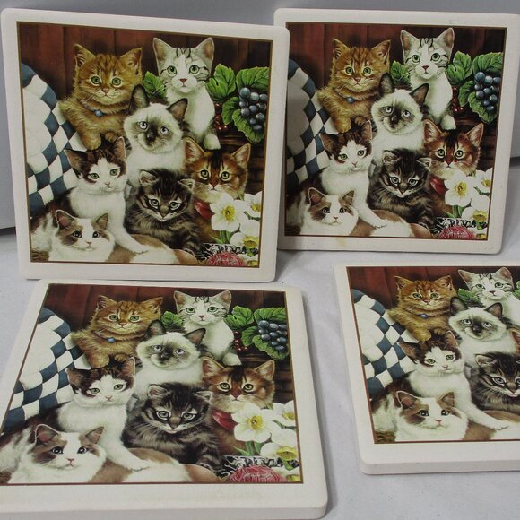 Lot of 4 Whimsical Cat Kitten Ceramic Drink Coasters - Picture 1 of 4